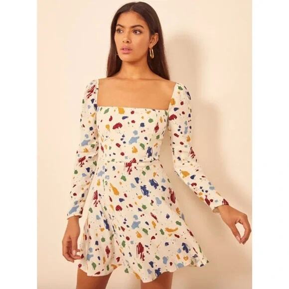 Reformation Splatter Print Square Neck Sidecar Dress Long Sleeve Painted Lady 2 - Picture 1 of 11